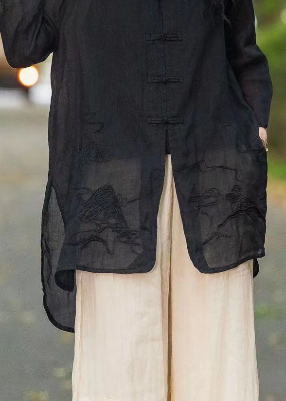 Chinese Style Orange Embroidered Linen Shirt Tops Summer