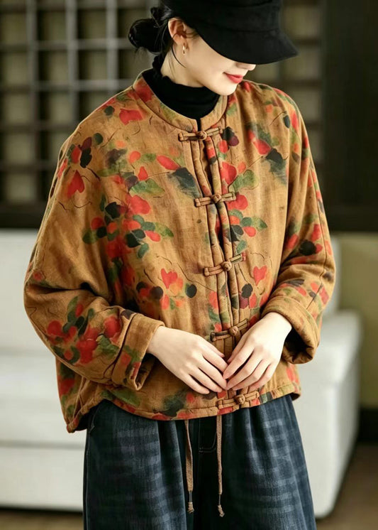 Chinese Style Orange Frog Button Print Cotton Linen Cotton Filled Jacket Winter