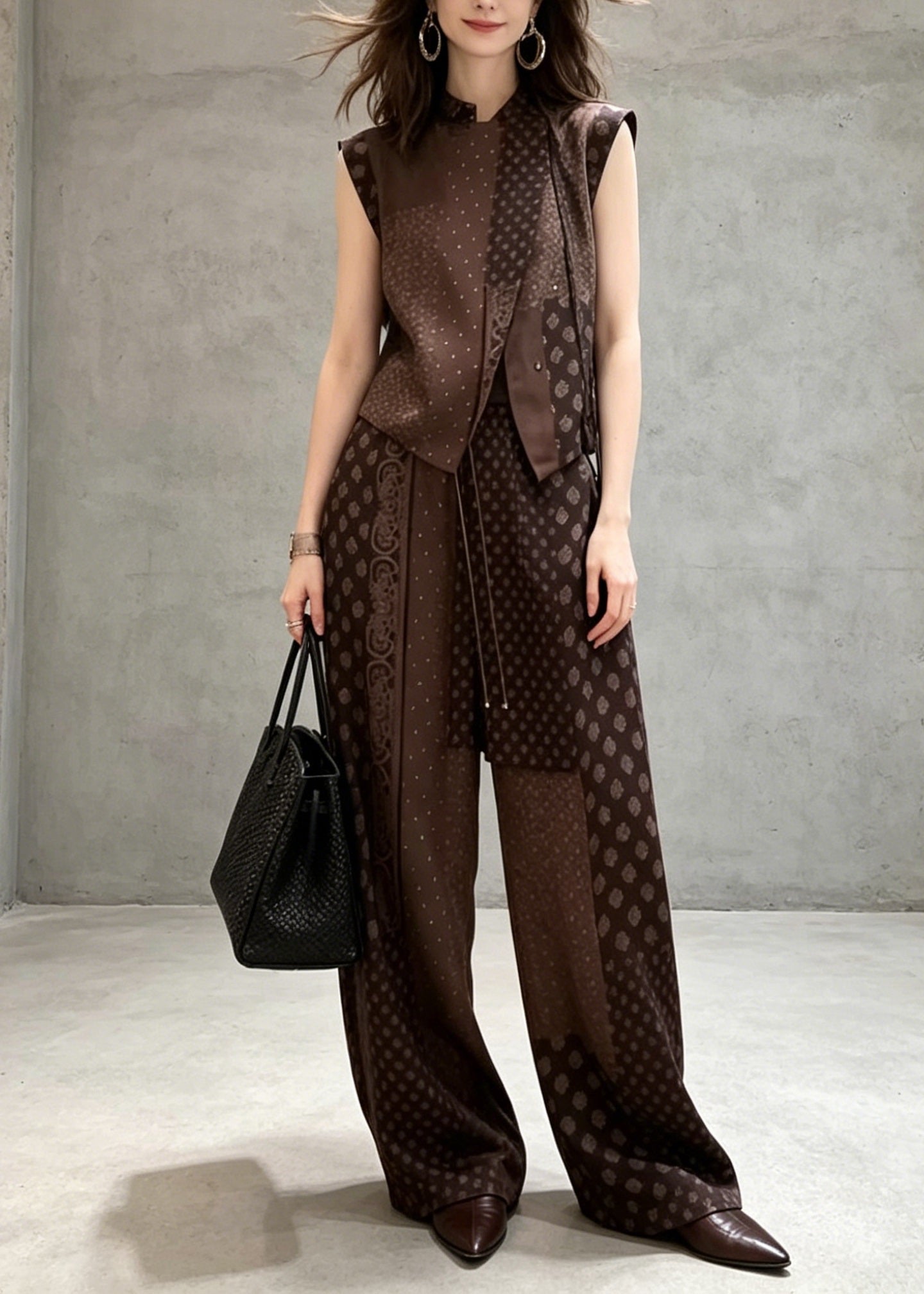 Chinese Style Print Pockets Silk Two Pieces Set Sleeveless