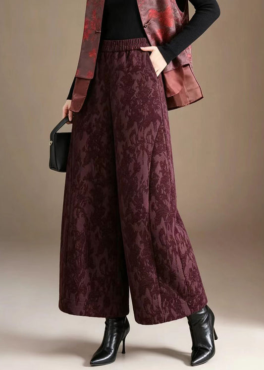 Chinese Style Purple Jacquard Pockets High Waist Wide Leg Crop Pants Fall