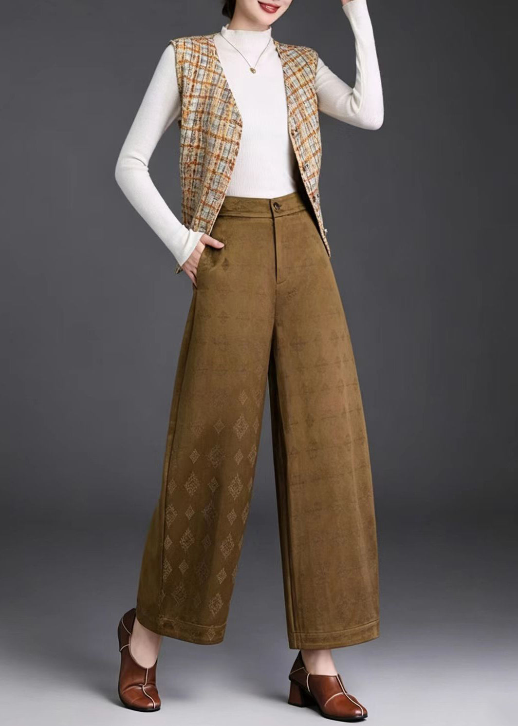 Chinese Style Purple Pockets High Waist Wide Leg Crop Pants Fall