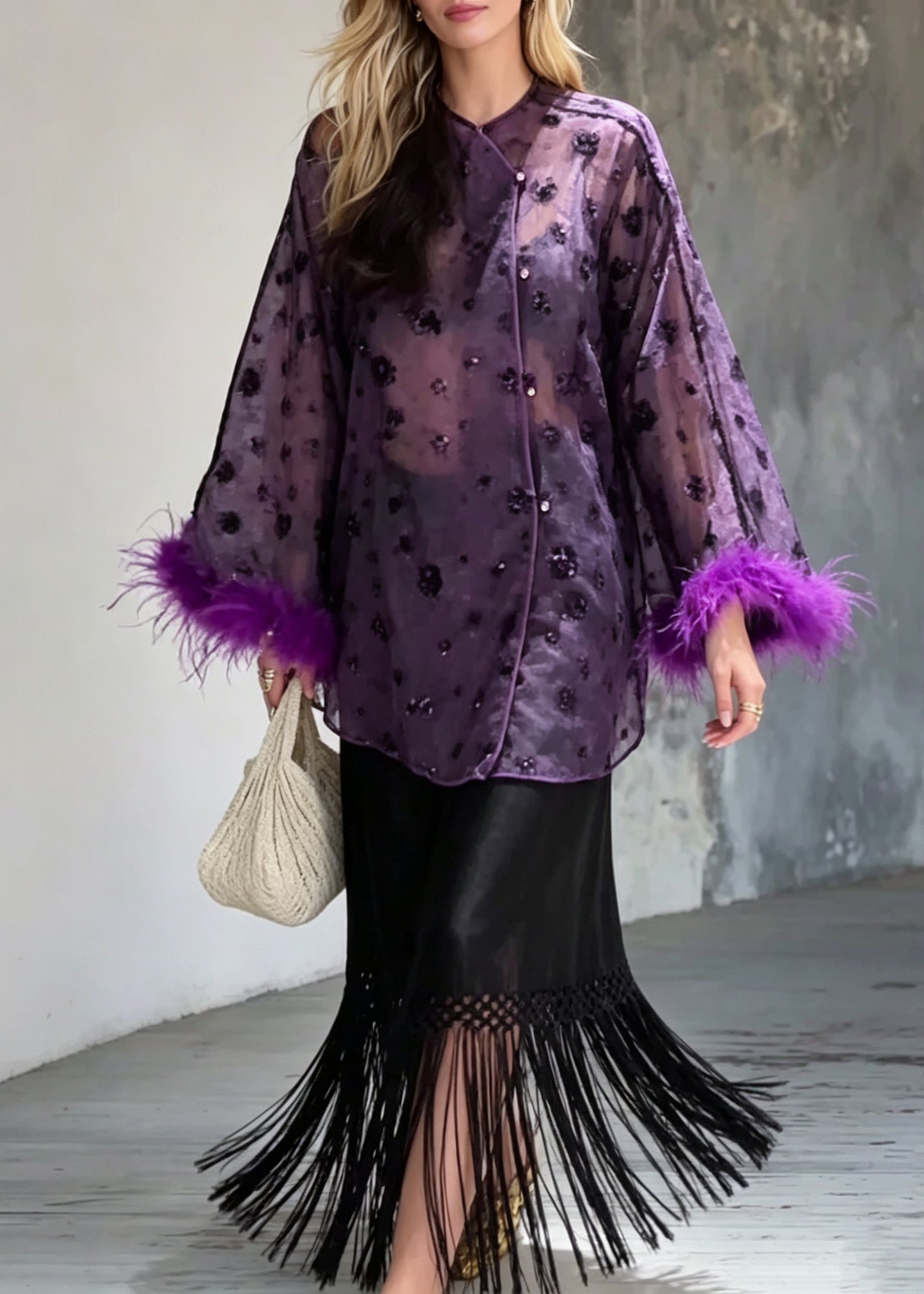 Chinese Style Purple Sequins Feathers Top And Tassel Skirts Two Piece Set Long Sleeve