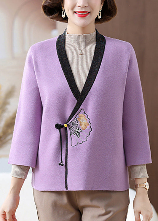 Chinese Style Purple V Neck Patchwork Knit Cardigans Spring