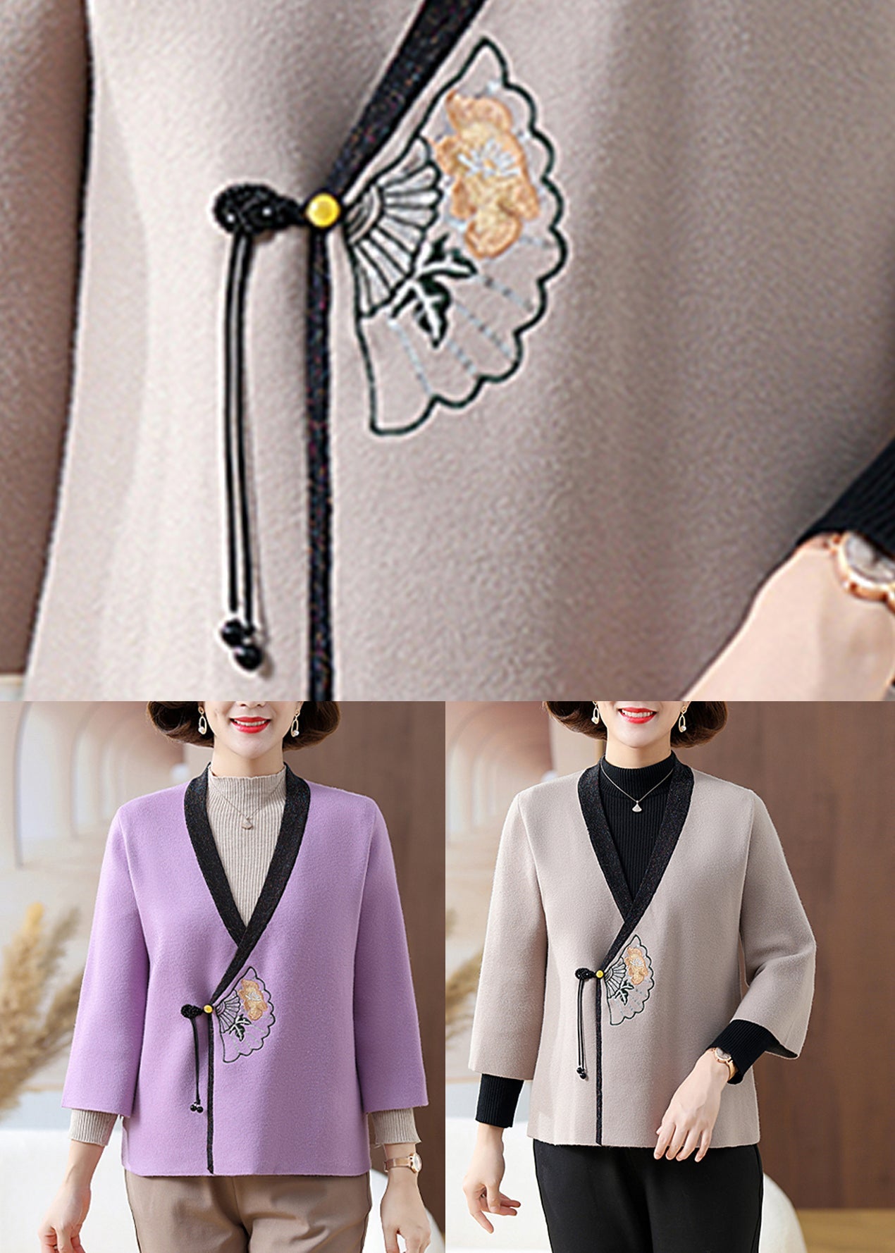 Chinese Style Purple V Neck Patchwork Knit Cardigans Spring