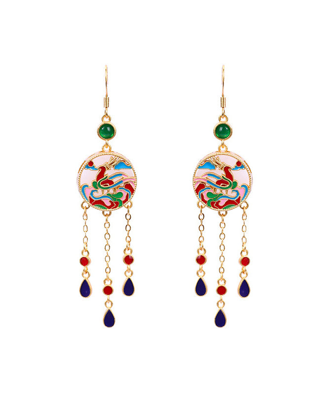 Chinese Style Rainbow Copper Overgild Jade Enamel Tassel Drop Earrings