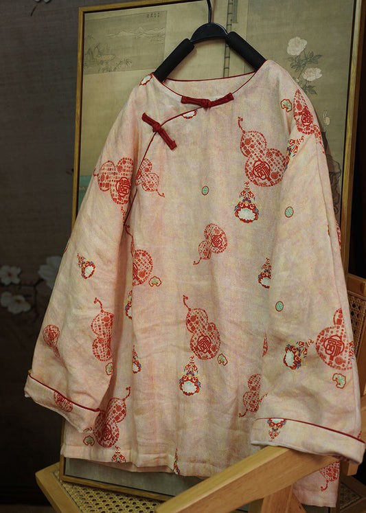 Chinese Style Red Print Oriental Button Fine Cotton Filled Coat Winter