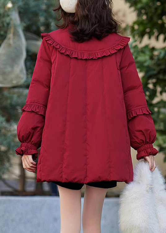 Chinese Style Red Stand Collar Ruffled Patchwork Duck Down Coat Winter