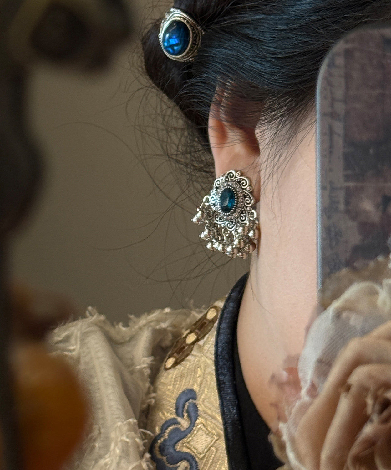 Chinese Style Silk Sterling Silver Gem Stone Pearl Stud Earrings