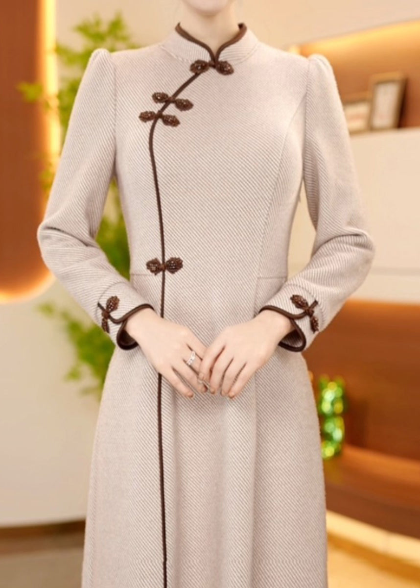 Chinese Style Stand Collar Oriental Button Cotton Long Dress Spring