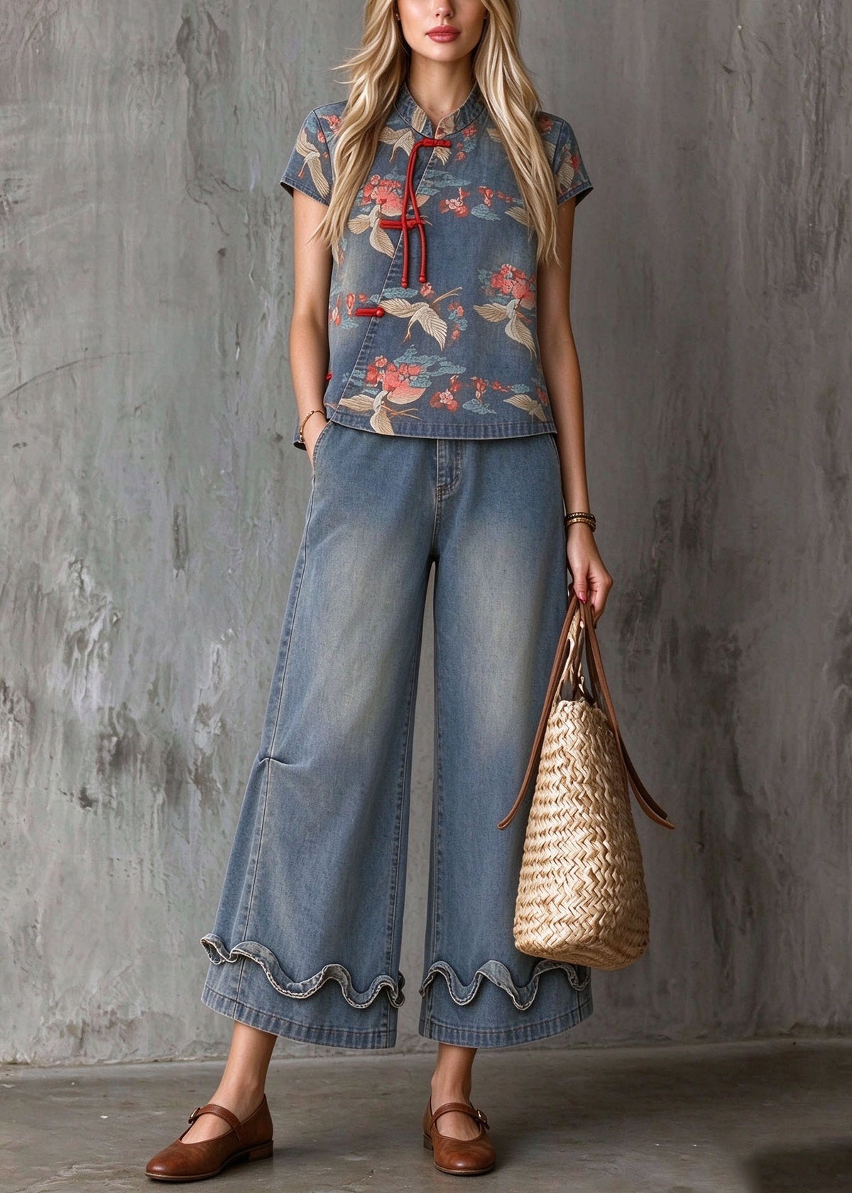 Chinese Style Stand Collar Ruffled Tassel Print Denim Set Summer