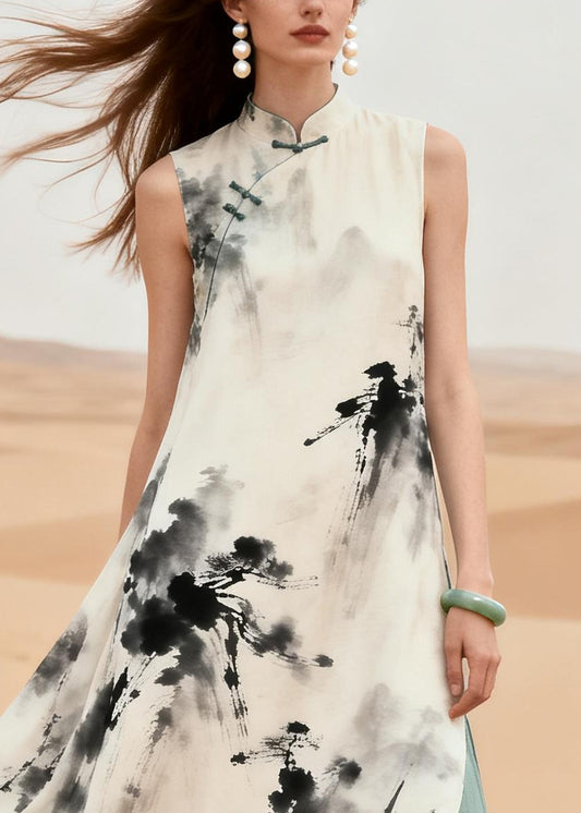 Chinese Style White Print Patchwork Cotton Maxi Dresses Summer