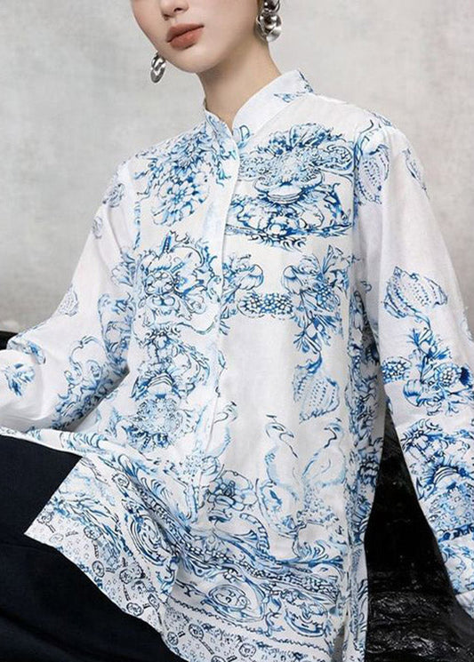 Chinese Style White Stand Collar Print Shirt Spring