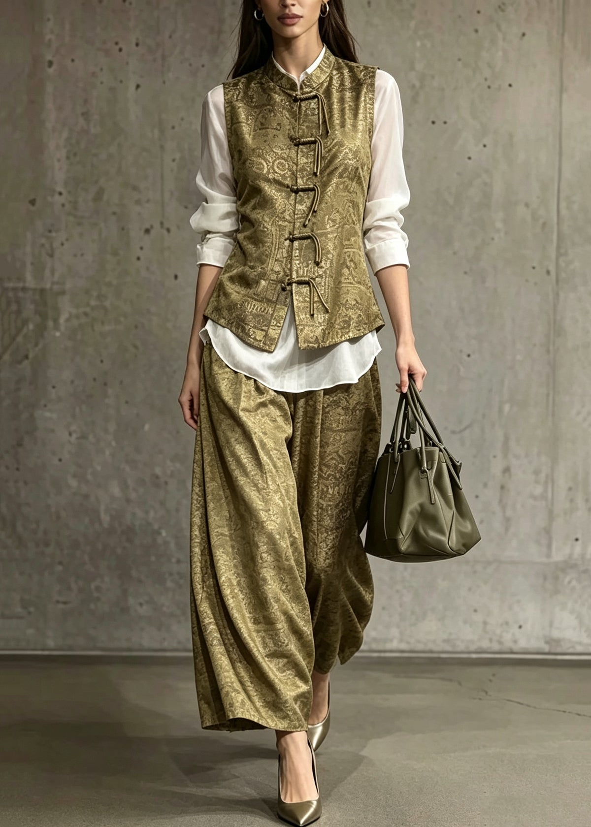 Chinese Style Yellow Green Oriental Button Print Silk Set Autumn