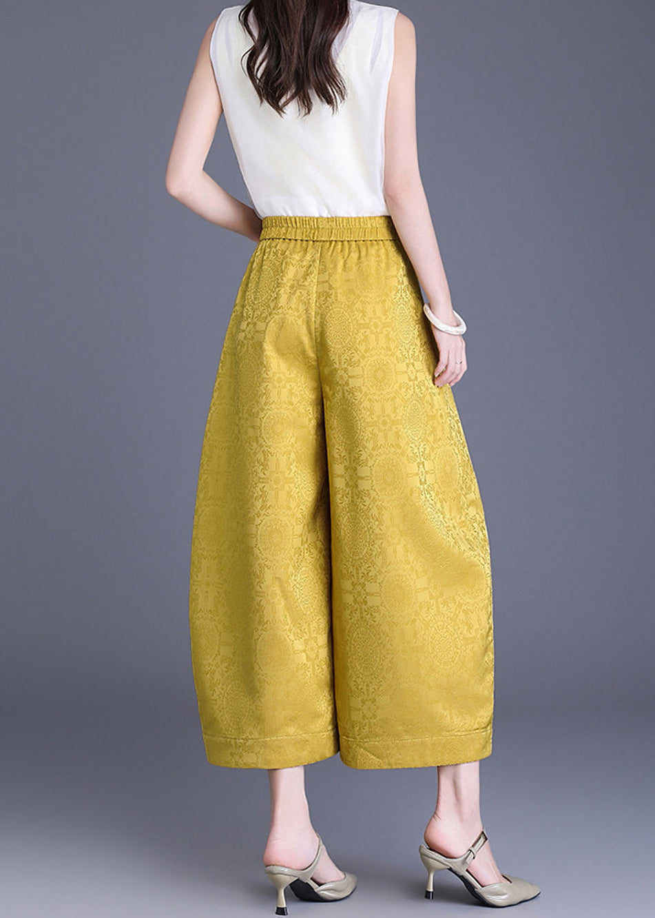 Chinese Style Yellow Jacquard Pockets High Waist Wide Leg Crop Pants Summer