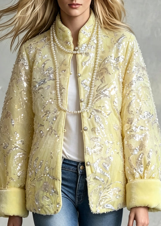 Chinese Style Yellow Stand Collar Sequins Fine Cotton Filled Jackets Winter