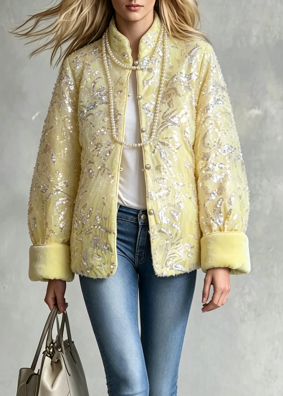 Chinese Style Yellow Stand Collar Sequins Fine Cotton Filled Jackets Winter