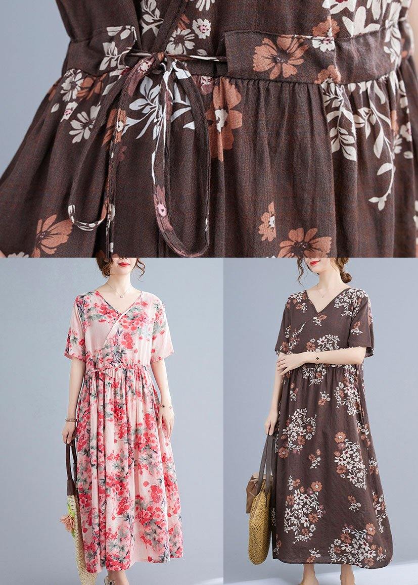 Chocolate Casual Retro Print Summer Vacation Dresses Short Sleeve - SooLinen