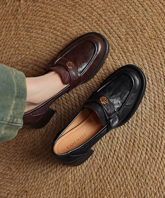 Chocolate Cowhide Leather Splicing Chunky Loafer Shoes
