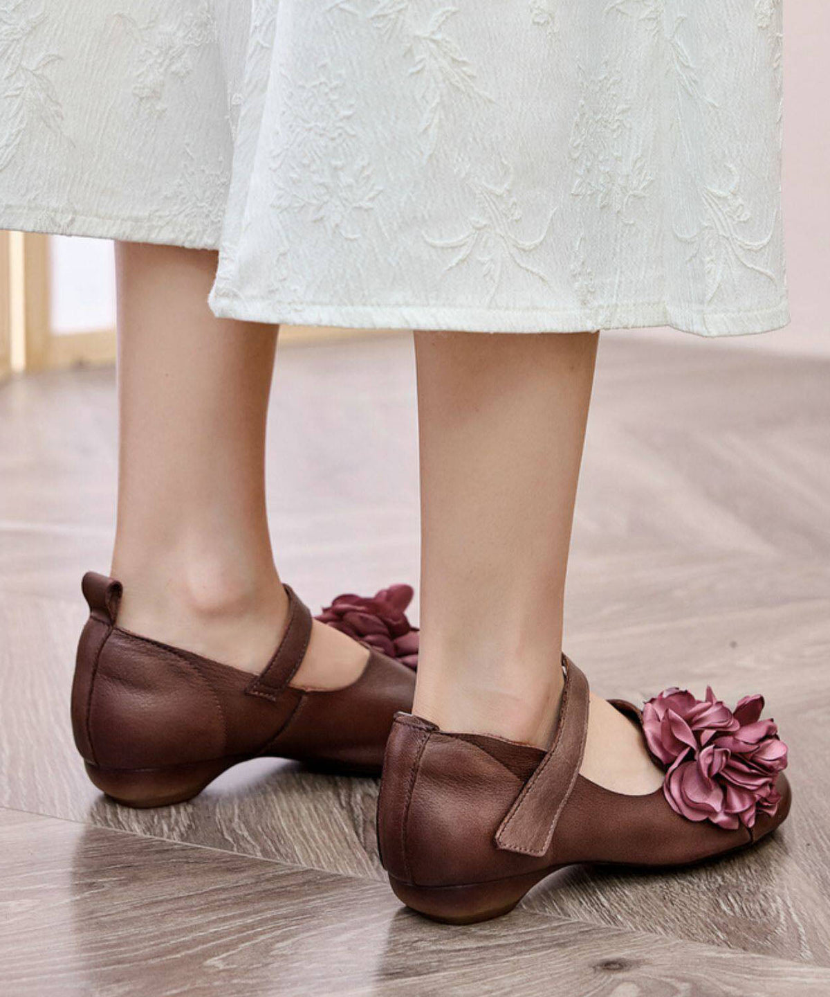 Chocolate Flat Shoes For Women Fine Flower Buckle Strap Flats