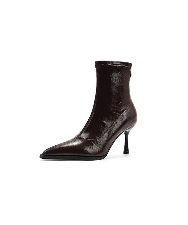 Chocolate High Heel Faux Leather Fuzzy Wool Lined Stylish Splicing Boots Pointed Toe