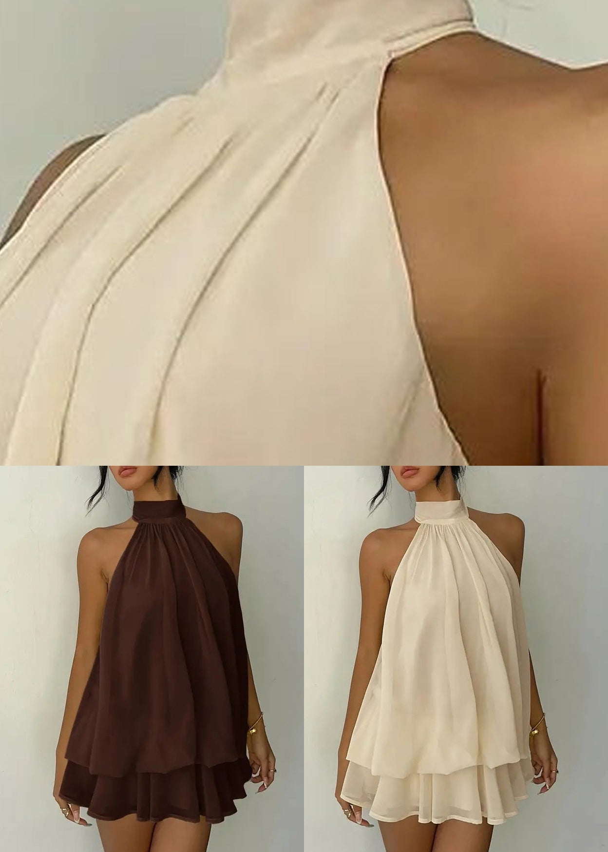 Chocolate Turtleneck Patchwork Chiffon Mid Dress Summer