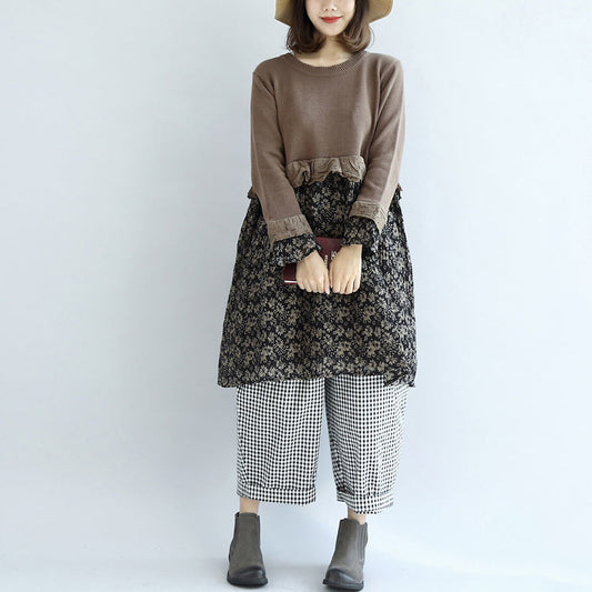 Chocolate vintage floral patchwork sweater dresses knit pullover shift dress