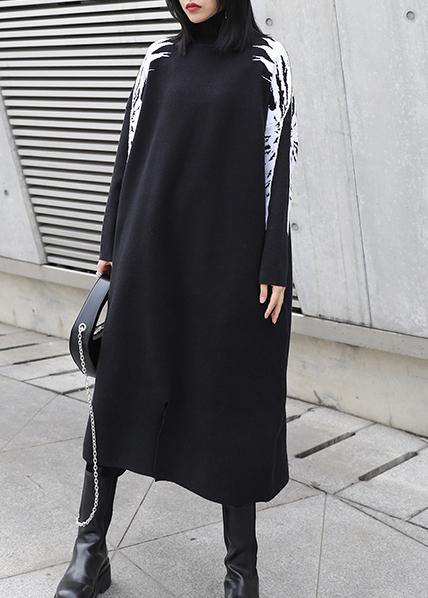 Christmas black Weaving flowers Sweater plus size high neck daily knit dress - SooLinen