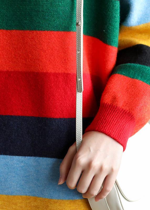 Christmas rainbow striped Sweater knit top pattern Moda side open oversized spring knitted tops - SooLinen