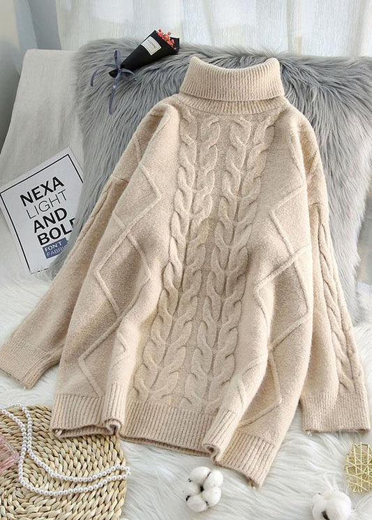 Chunky blue knit tops cable casual high neck knitwear - SooLinen