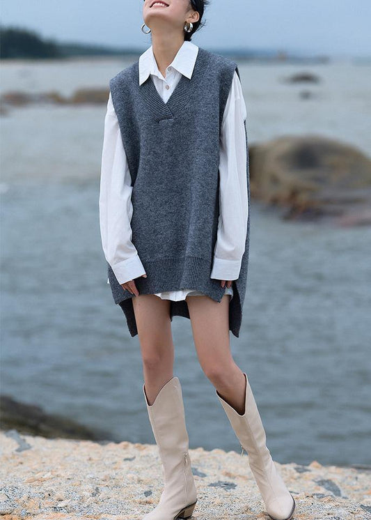 Chunky gray knit blouse v neck low high design trendy plus size fall knit tops - SooLinen