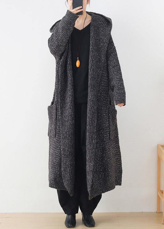 Chunky gray knitted cardigans plus size clothing hooded pockets knit outwear - SooLinen