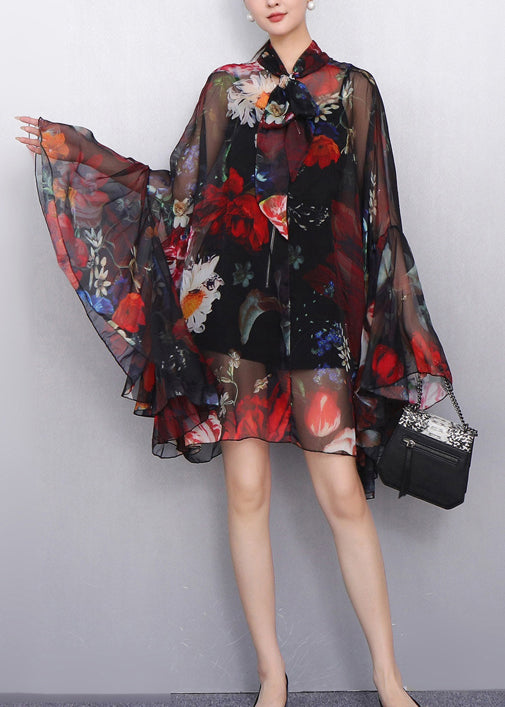 Classic Style Bold Floral Print Bow Chiffon Two Pieces Set Dress Fall