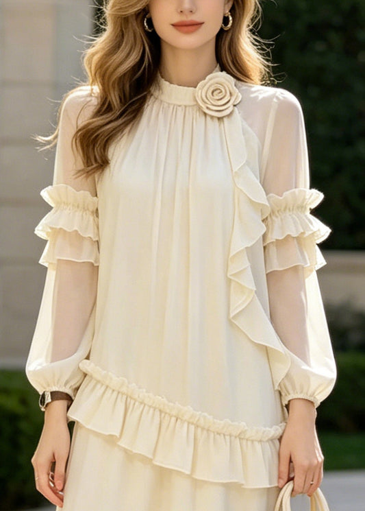 Classy Apricot Ruffled Floral Chiffon Long Dresses Summer