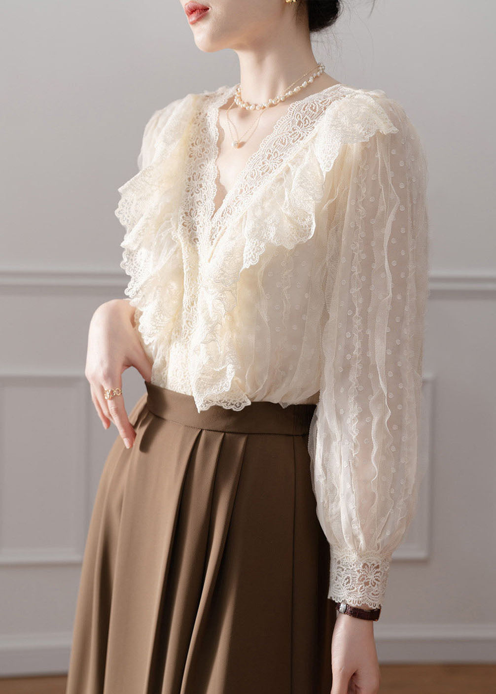 Classy Apricot V Neck Lace Patchwork Chiffon Shirt Fall