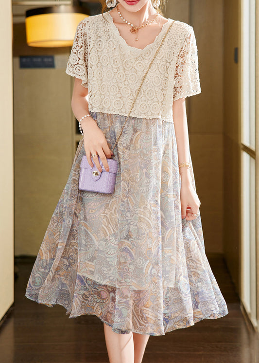 Classy Beige Hollow Out Lace Chiffon Patchwork Dress Summer