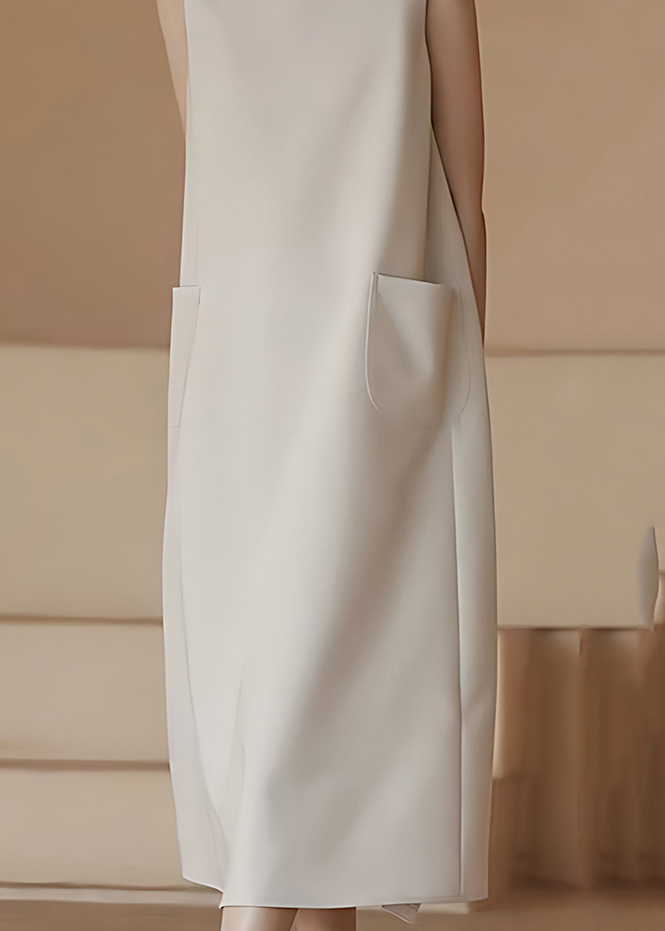 Classy Beige O-Neck Draping Pockets Dress Sleeveless
