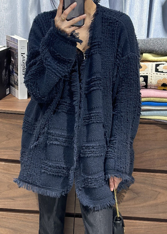 Classy Beige V Neck Tassel Woolen Loose Cardigans Spring