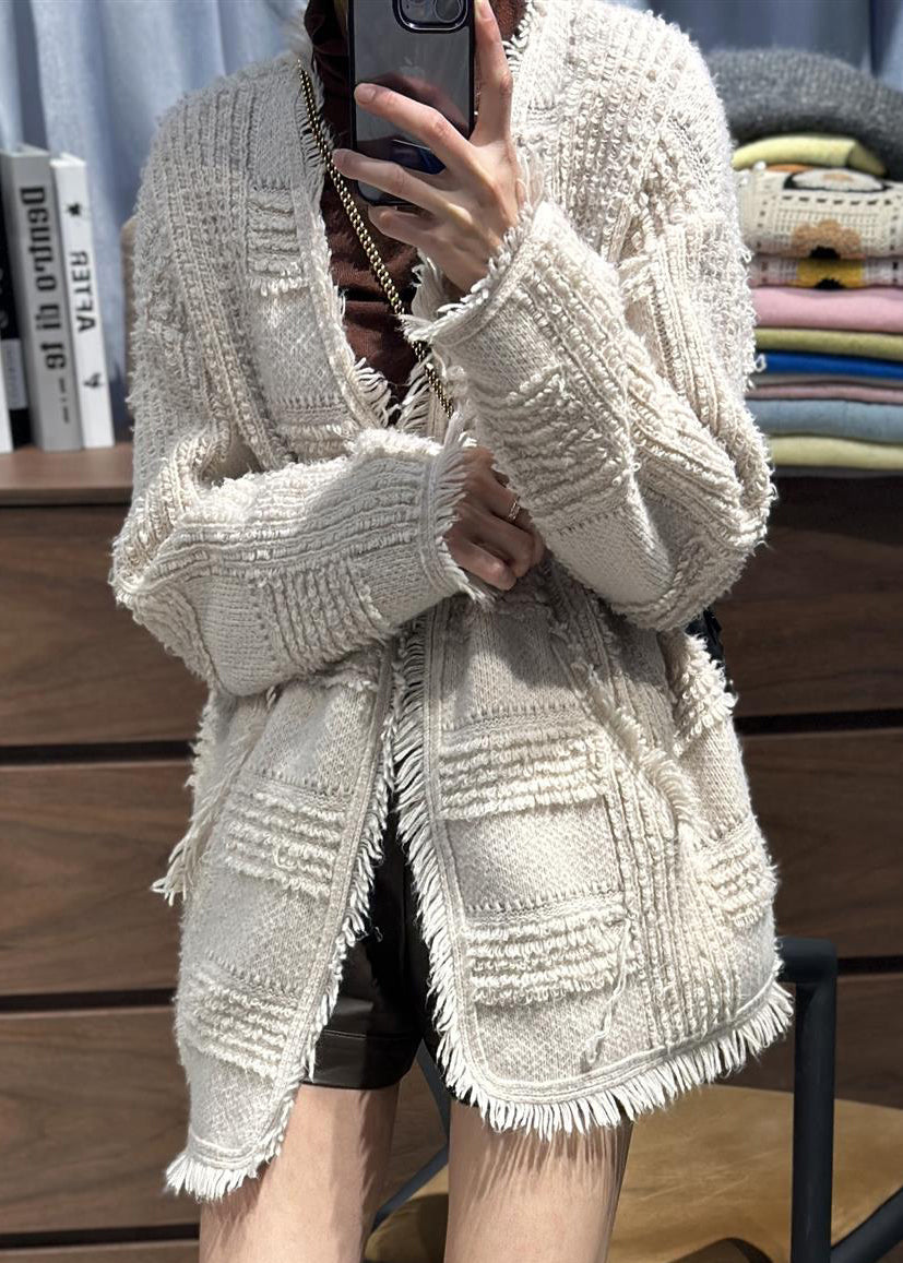Classy Beige V Neck Tassel Woolen Loose Cardigans Spring