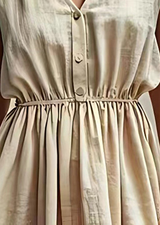 Classy Beige V Neck Wrinkled Linen Dresses Sleeveless