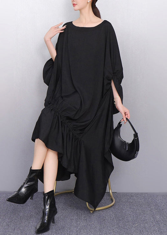Classy Black Asymmetrical Wrinkled Cotton Party Dress Batwing Sleeve
