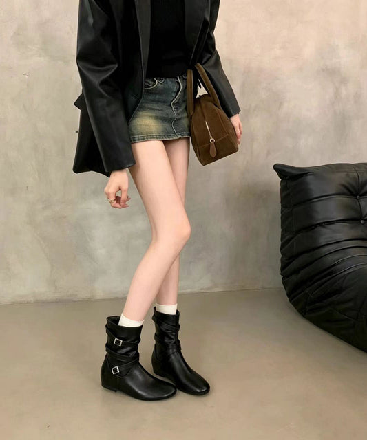Classy Black Buckle Strap Faux Leather Slouch Wedge Boots
