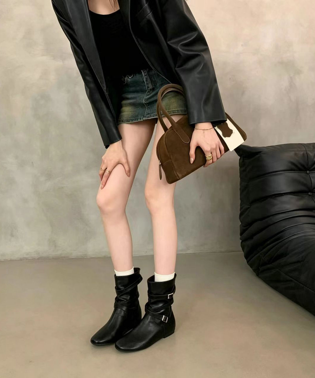 Classy Black Buckle Strap Faux Leather Slouch Wedge Boots