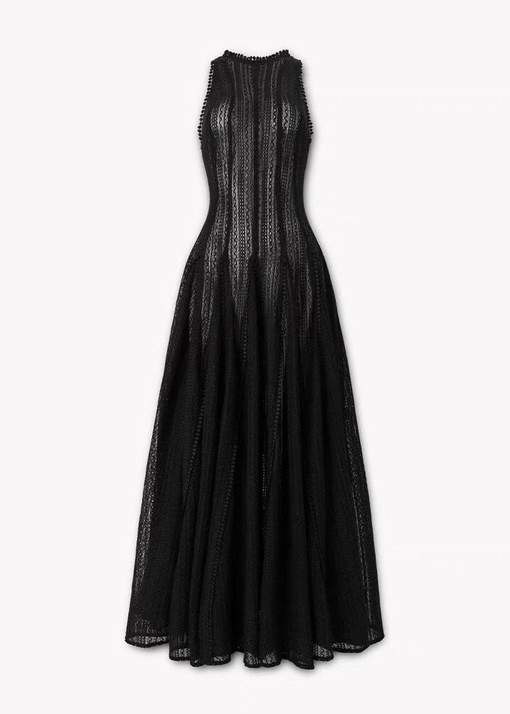 Classy Black O Neck Exra Large Hem Lace Ankle Dress Sleeveless