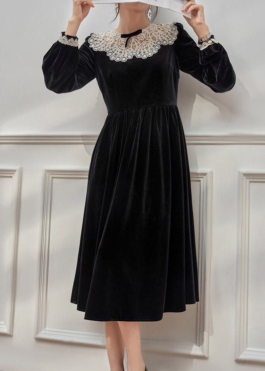 Classy Black O-Neck Lace Patchwork Silk Velvet Long Dress Spring