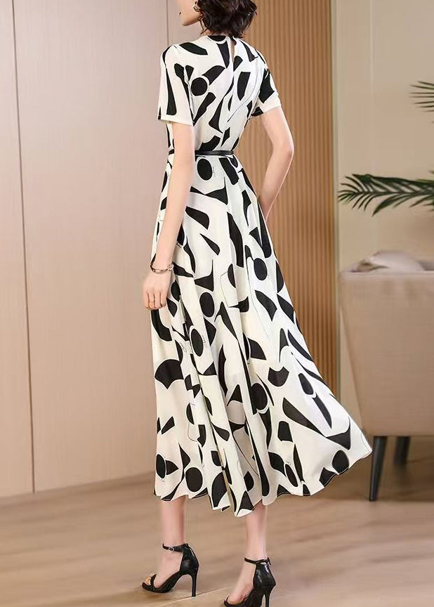 Classy Black O Neck Print Chiffon Dresses Summer