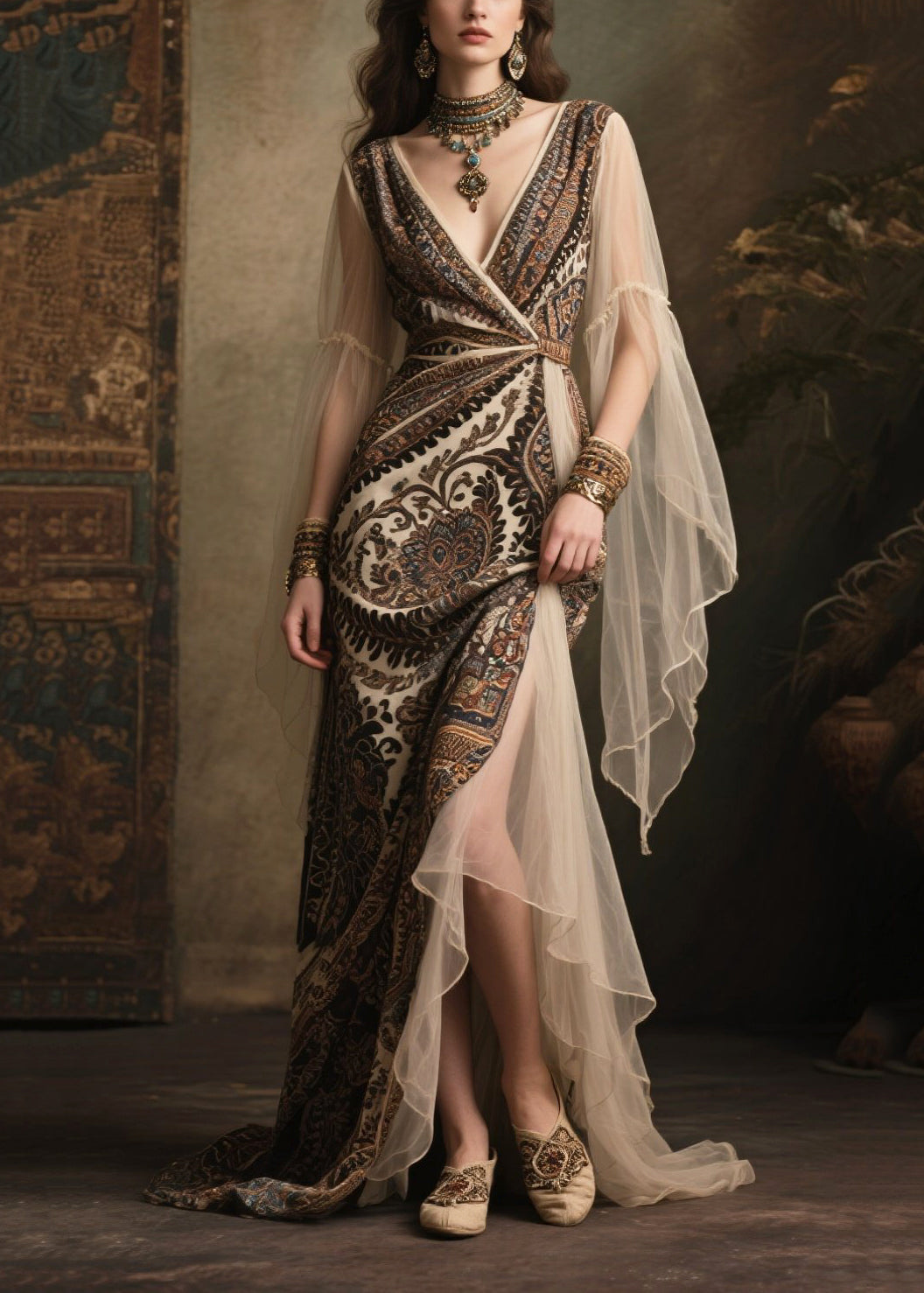 Classy Black Print Exra Large Hem Patchwork Tulle Long Dress Summer