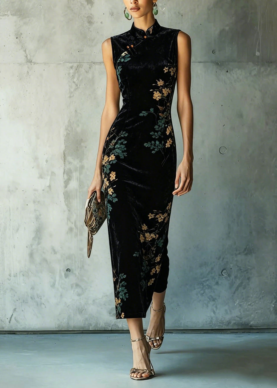 Classy Black Stand Collar Print Velvet Long Dresses Summer