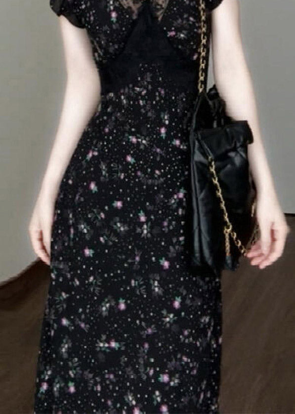 Classy Black V Neck Lace Patchwork Long Dress Short Sleeve