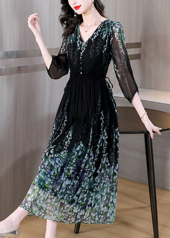 Classy Black V Neck Print Drawstring Wrinkled Silk Long Dress Summer