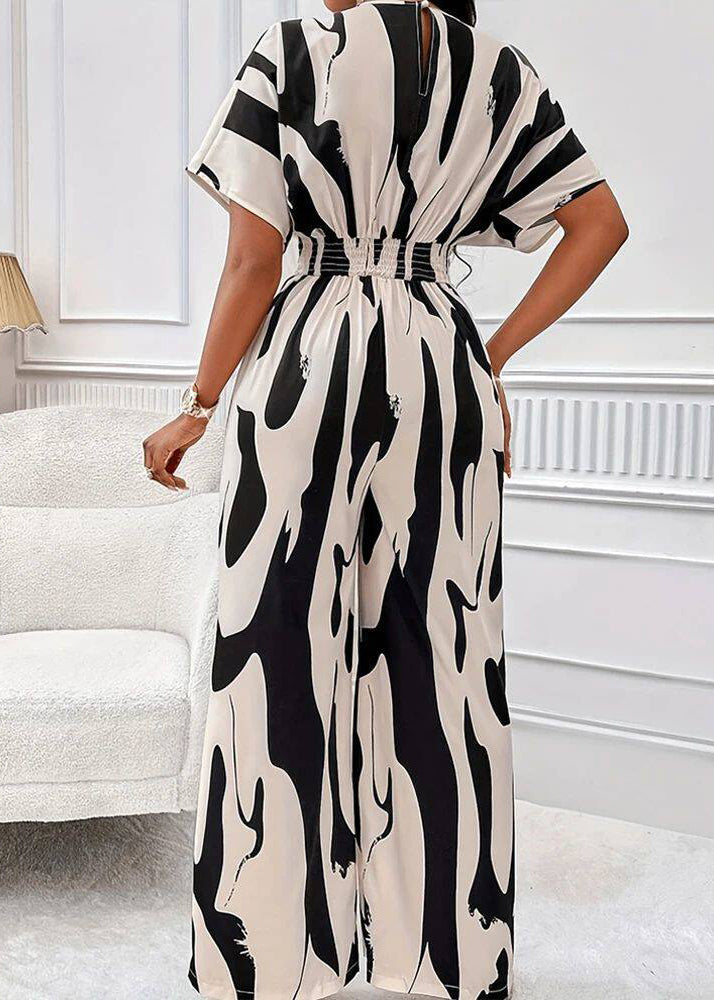 Classy Black V Neck Print High Waist Jumpsuits Summer